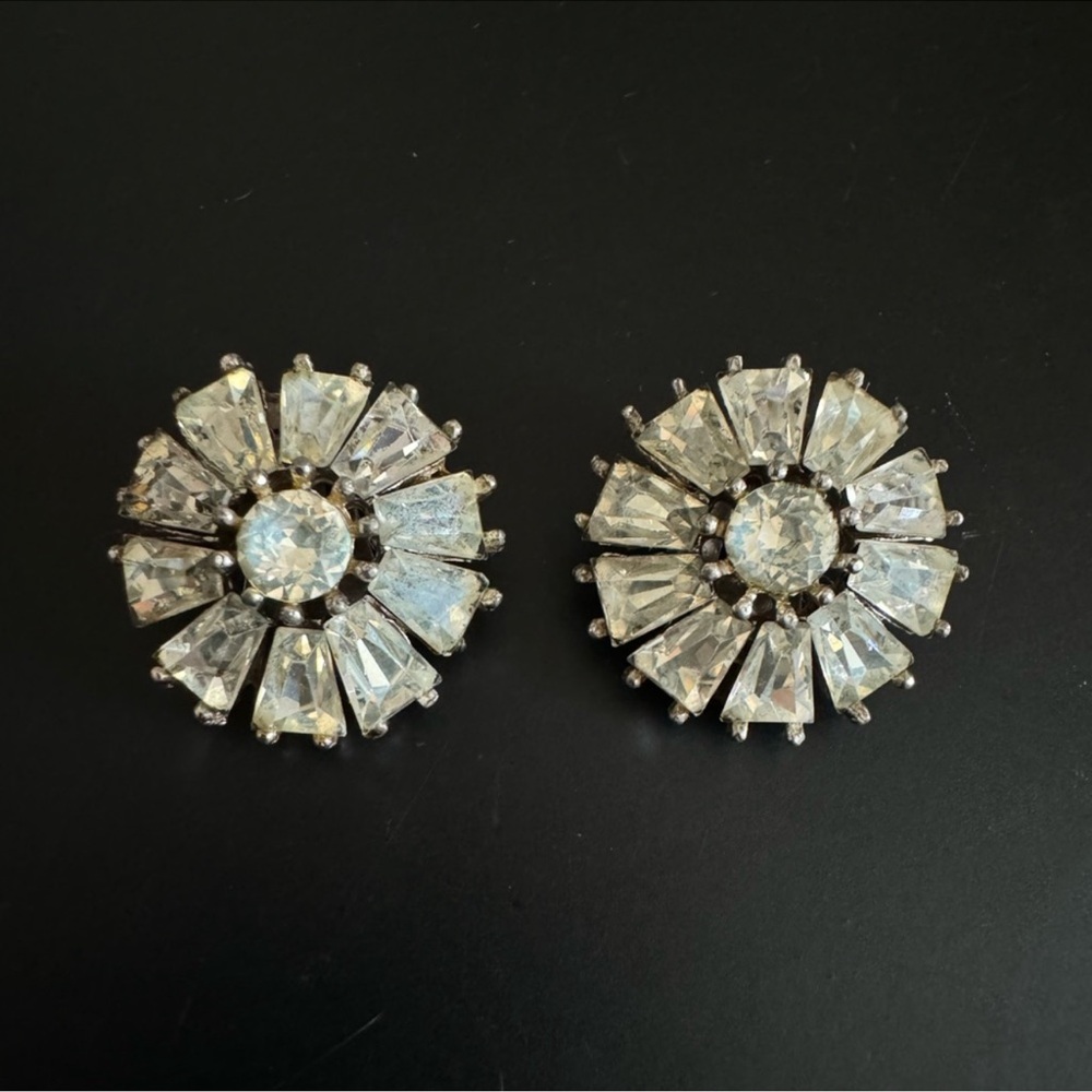 Vintage Sparkling Clear Crystal Floral Clip Earrings - Silver-Tone